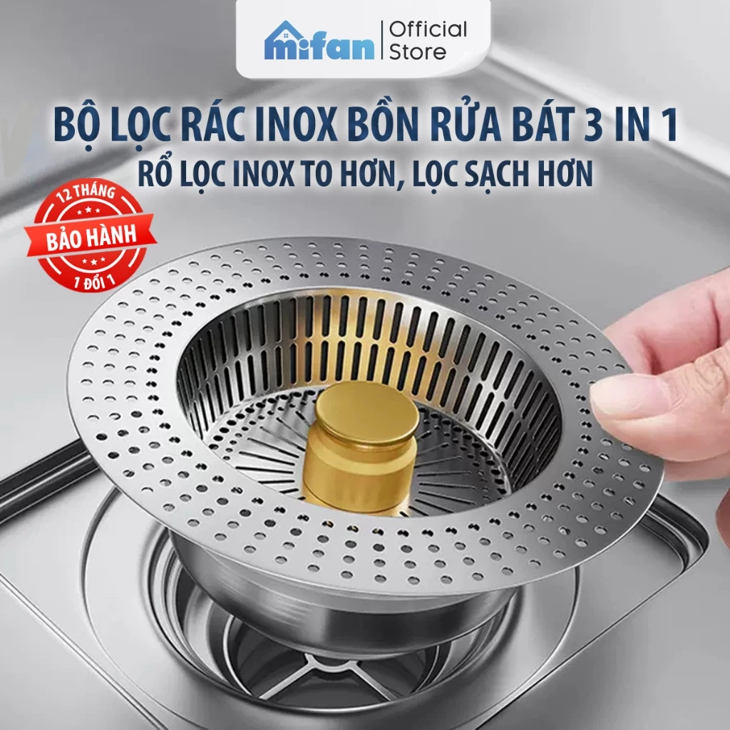 Bộ Lọc Rác Bồn Rửa Bát Inox 304 3 in 1 Mifan - Ngăn mùi hôi côn trùng, Nút chặn thoát nước, Khay giỏ lọc thức ăn thừa