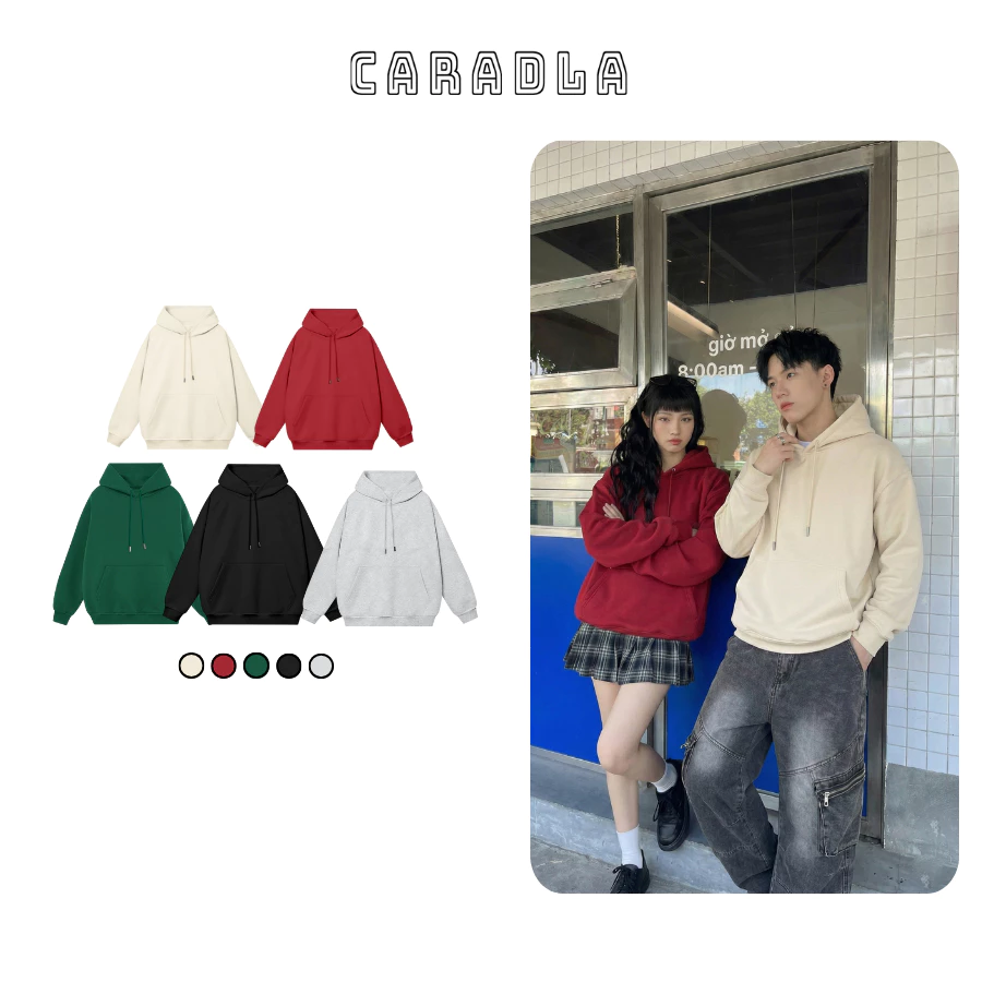 Áo Hoodie Trơn Basic Nam Nữ CARADLA Unisex Chất Nỉ Lót Bông Mũ 2 Lớp Form Rộng