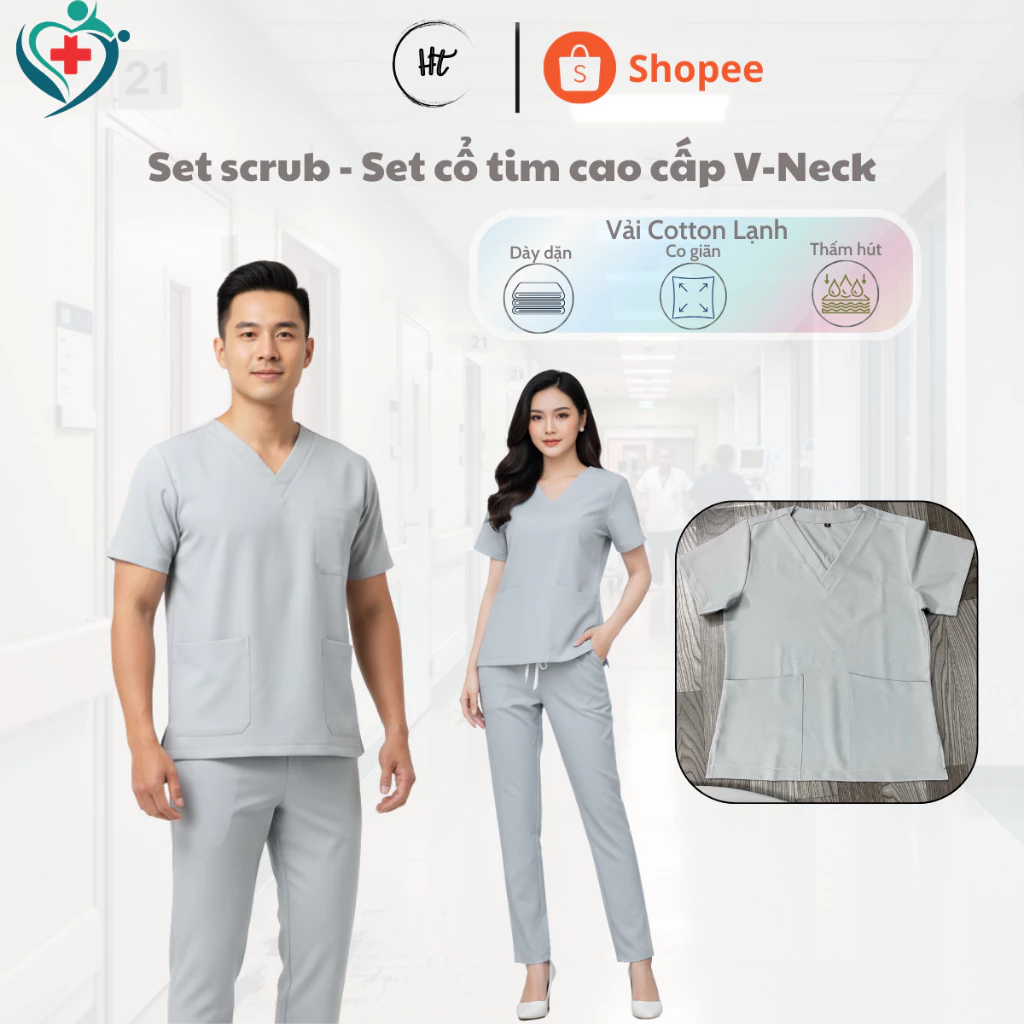 Set scrubs Xám Trắng, Bộ cổ tim chuyên dụng cho bác sỹ, y tá, giáo viên, spa, beauty, nail