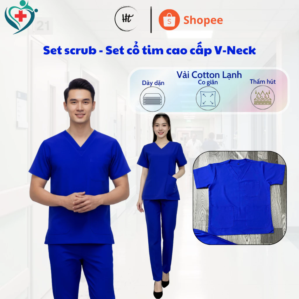 Set scrubs Xanh Đoàn, Bộ cổ tim chuyên dụng cho bác sỹ, y tá, giáo viên, công nhân viên