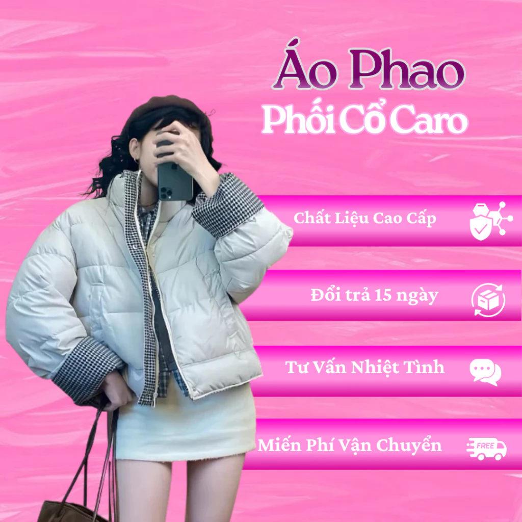 Áo phao nữ VENLY dáng lửng phối caro, chần bông 3 lớp Ultra Air, giữ ấm tốt và cản gió hiệu quả