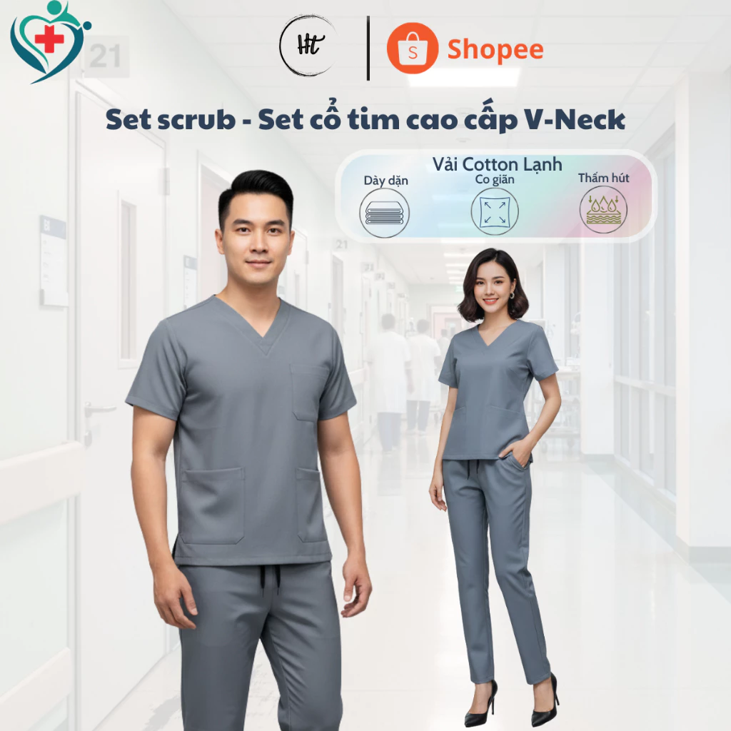 Set scrubs Xám Đậm, Bộ cổ tim chuyên dụng cho bác sỹ, y tá, giáo viên, phẫu thuật, spa, beauty