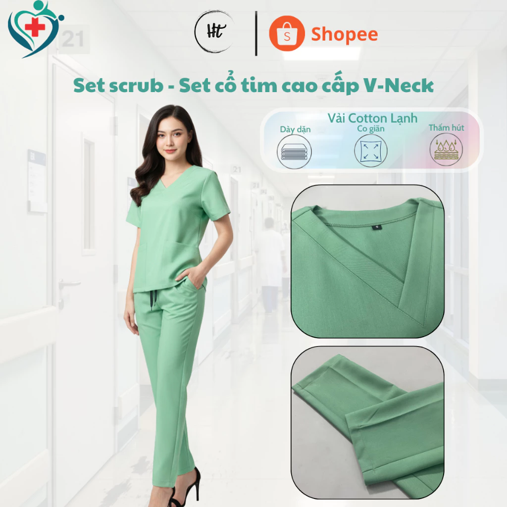 Set scrubs Xanh Matcha, Bộ cổ tim chuyên dụng cho bác sỹ, y tá, giáo viên, phẫu thuật, spa, beauty