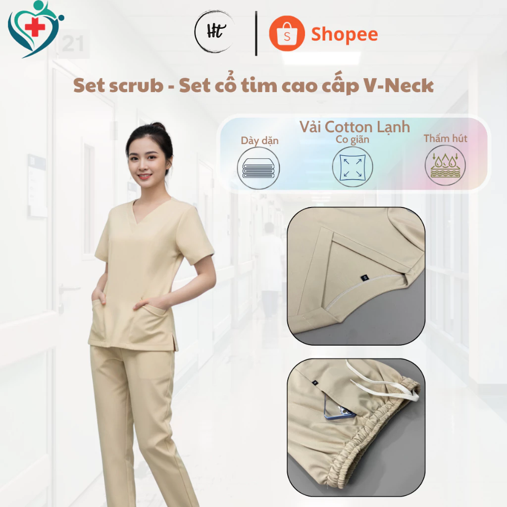 Bộ Scrubs bác sĩ, blouse cổ tim, đồng phục điều dưỡng, thẩm mỹ viện, dược sĩ Màu Be Kem