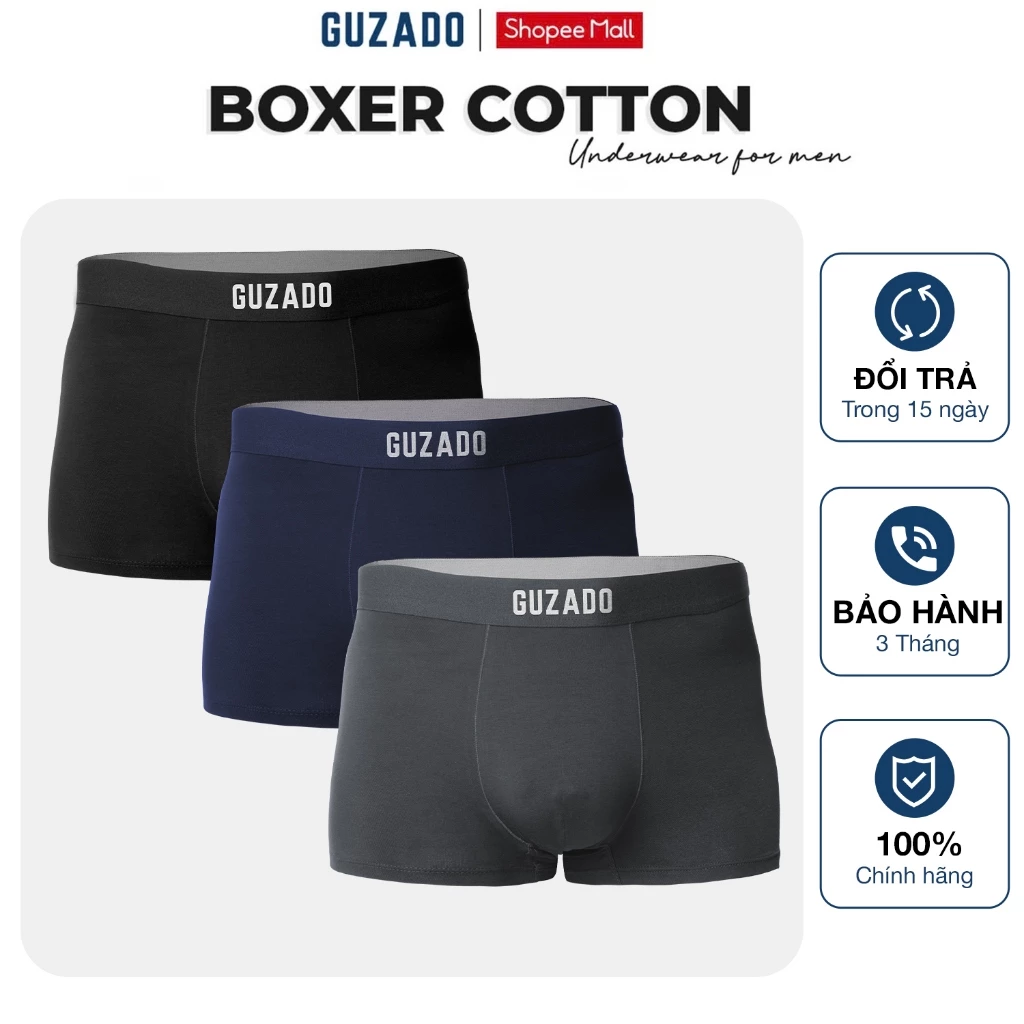Combo 3 Quần Lót Boxer Nam Guzado Cotton Compact Dáng Trunk Co Giãn, Kháng Khuẩn Vượt Trội CB3-GIBX25A001