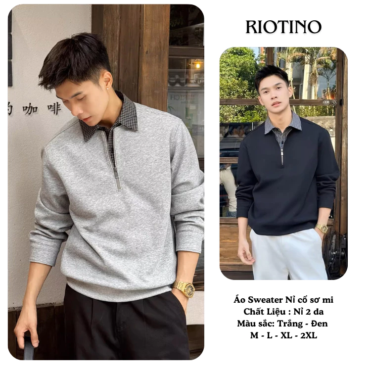 Áo Sweater Phối Cổ Sơ Mi RIOTINO Vải Nỉ 2 Da Tay Dài Form Rộng Unisex Phong Cách Hàn Quốc PL03