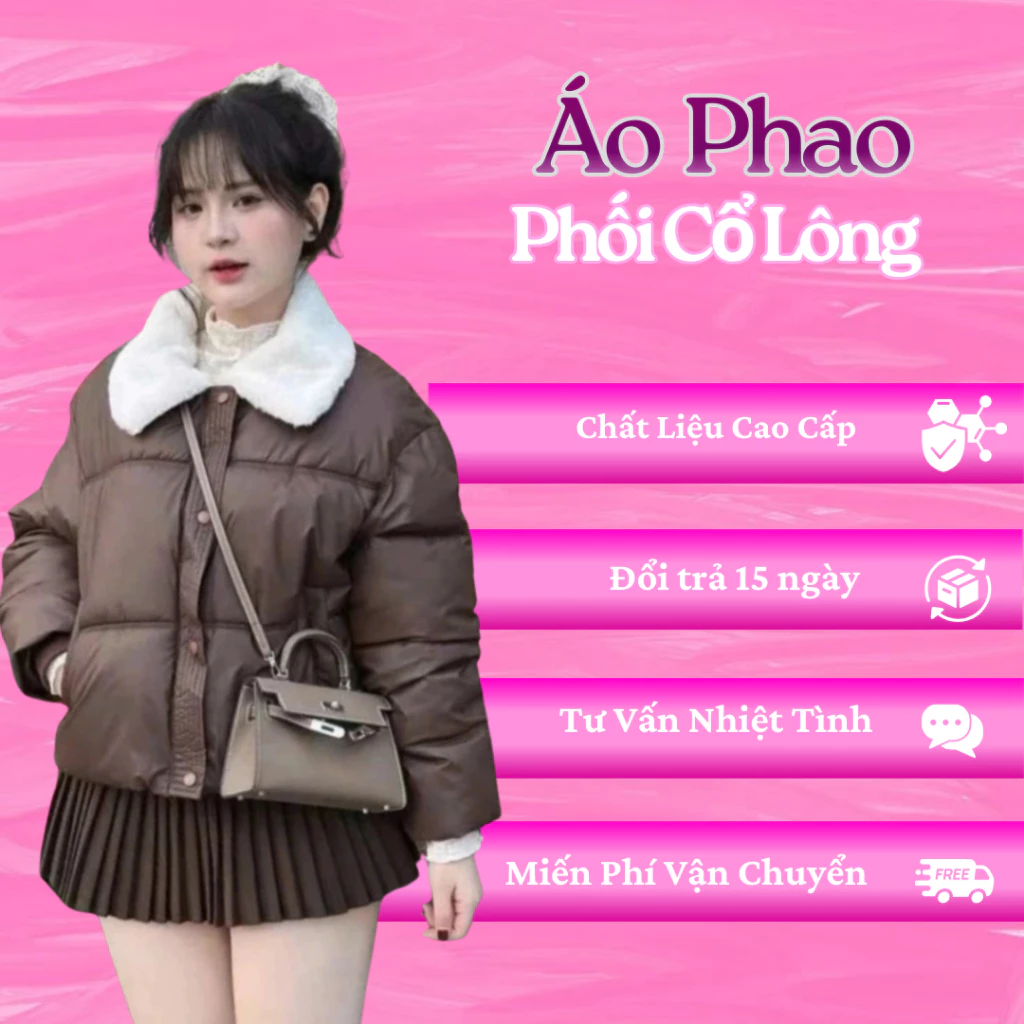 Áo khoác phao da VENLY phối cổ lông dáng croptop 3 lớp siêu ấm, dày dăn mẫu mới 2025