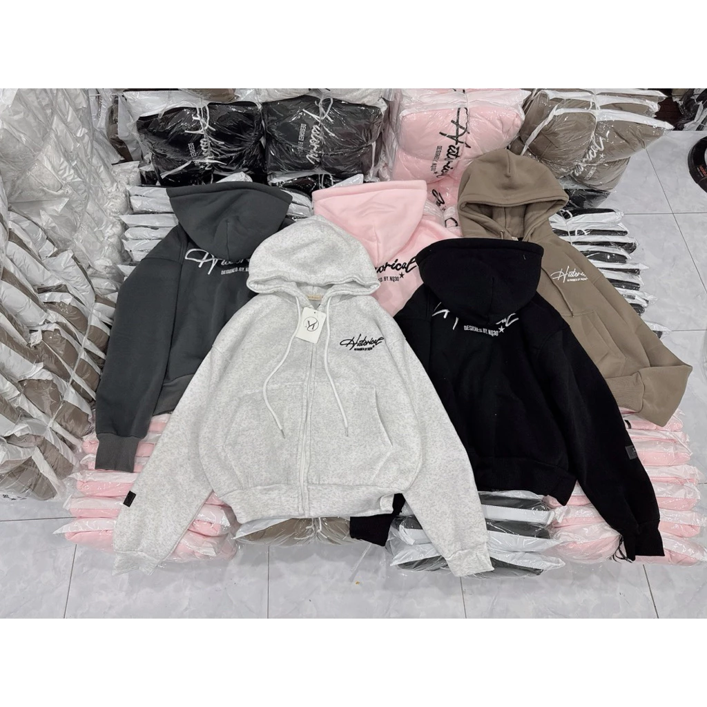 Áo Khoác Nỉ Boxy Thêu Histo Form Lỡ Vải Nỉ Bông, áo khoác form 40-65kg có túi trong dài áo 58cm hoodie zip
