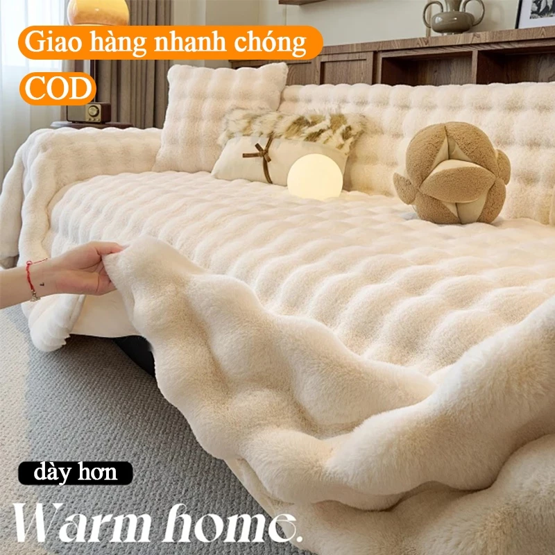 Khăn Trải Ghế Sofa Nhung Thỏ Mềm Mại Chống Trượt Vải Bao Ghế Co Giãn Toàn Thân Dùng 4 Mùa