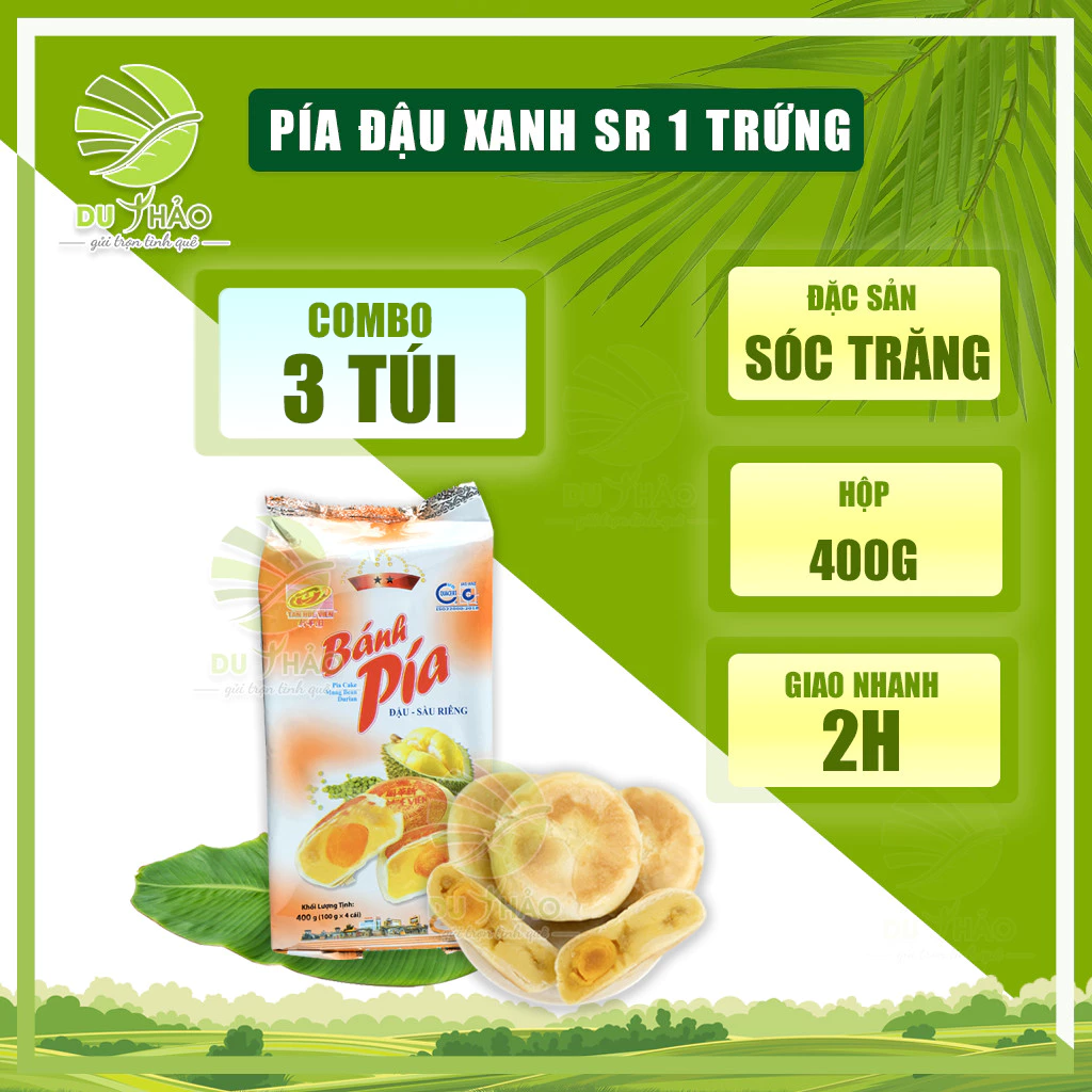 Combo 3 gói bánh pía Tân Huê Viên đậu xanh sầu riêng trứng muối 400gr, bánh pía 2 sao Sóc Trăng