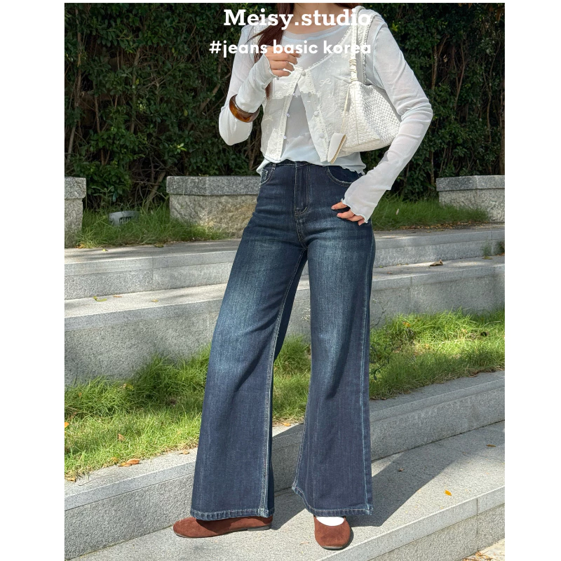 Quần jeans bò ống rộng loe nhẹ nữ cạp lưng cao bản gấu nhỏ phong cách Hàn Quốc Meisy QL25