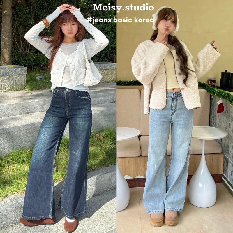 Quần jeans bò ống rộng loe nhẹ nữ cạp lưng cao bản gấu nhỏ phong cách Hàn Quốc Meisy QL25