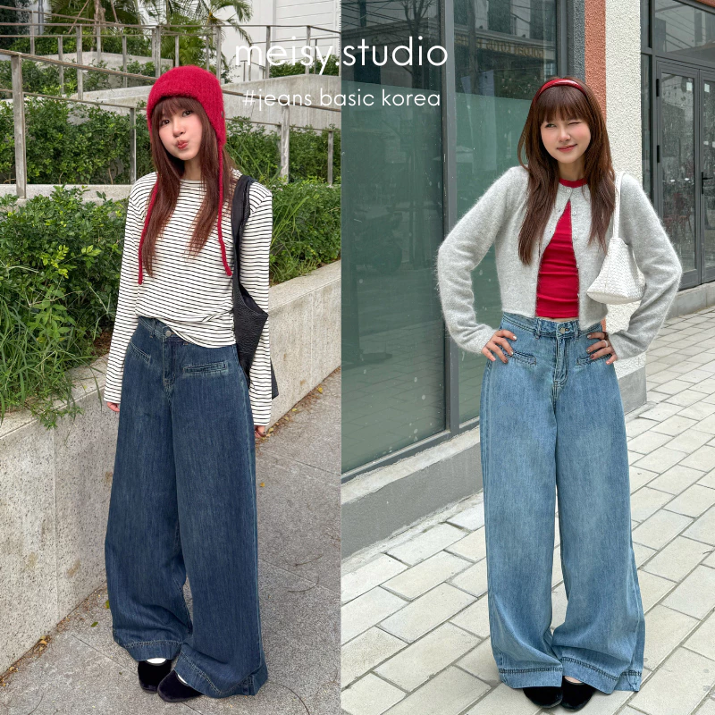 Quần Jeans nữ ống rộng wide-leg pants túi cơi màu xanh nhạt, xanh đậm chất jeans mềm cotton Meisy.studio QTC02