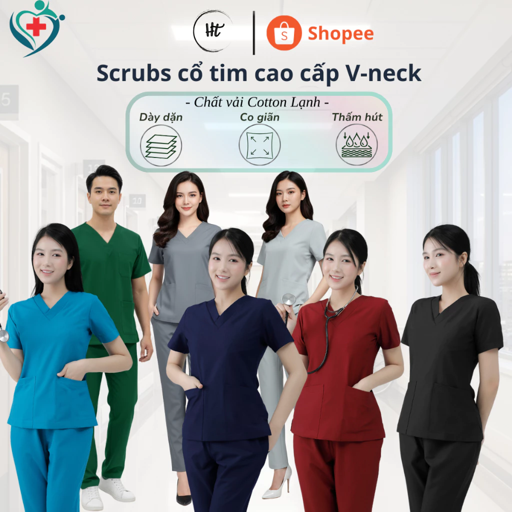 Bộ scrubs cao cấp, bộ blouse cổ tim, đồng phục cho kỹ thuật viên, dược sỹ, y tá, bác sĩ điều dưỡng