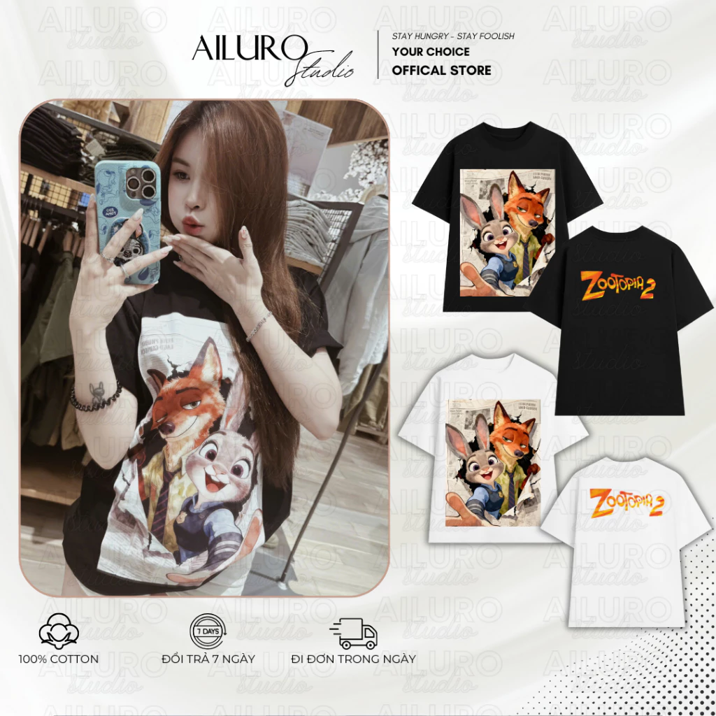 Áo Thun Zootopia Picture Vintage Dễ Thương - Áo phông In Hình nam nữ Form rộng Tay lỡ Unisex 100% Cotton Cao Cấp