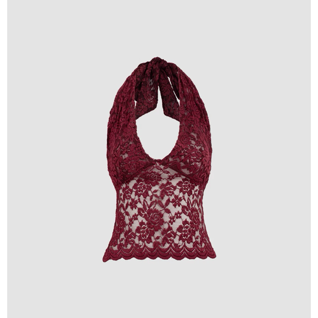 (ROSE-TOP) Áo buộc nơ cổ kiểu ren XUYÊN THẤU, phong cách gợi cảm | BAHYCHIC