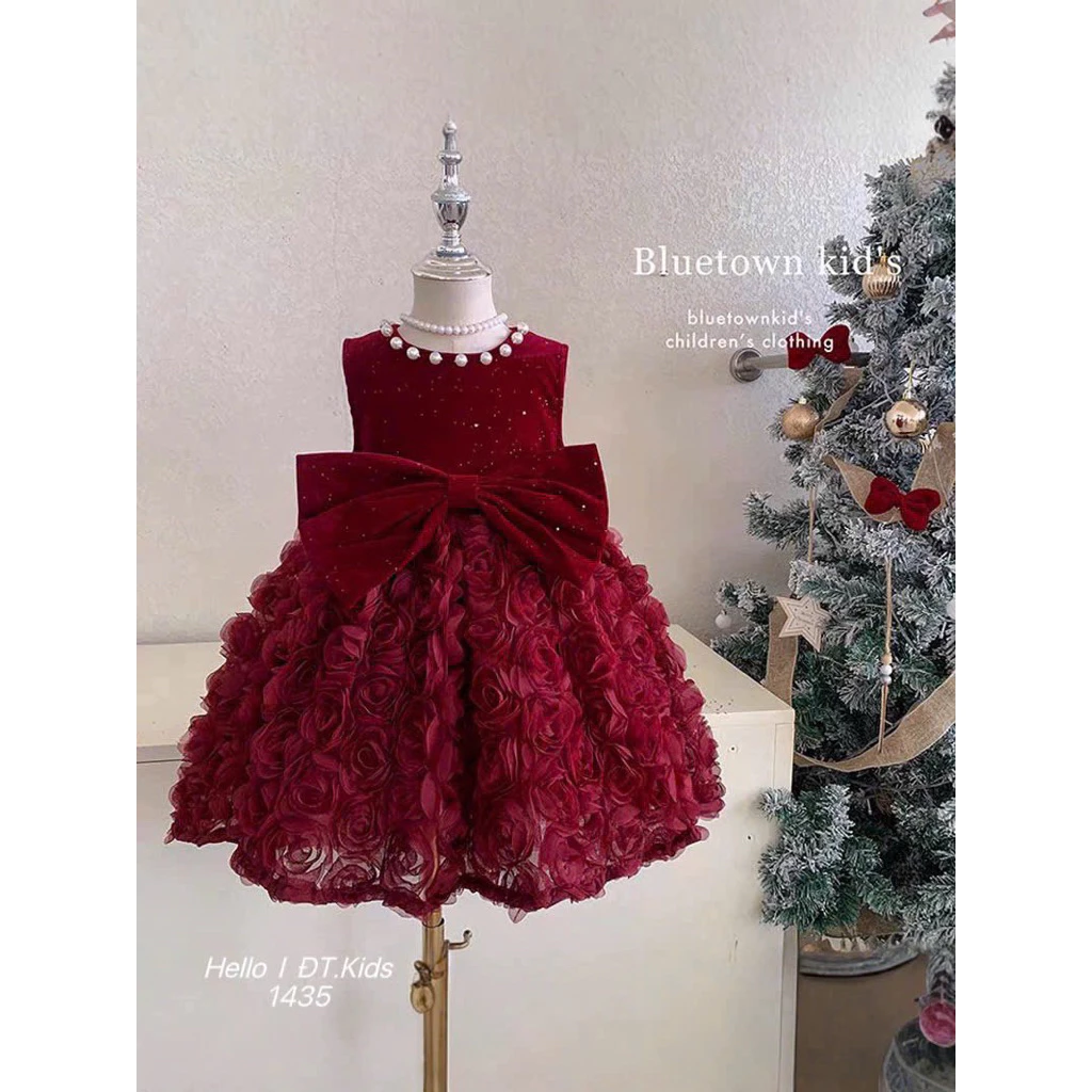 [LiA baby’s]B17 Váy nhung đỏ cổ hạt đính nơ chân voan hoa hồng cho bé gái diện lễ tết , đi chơi(9-30kg)