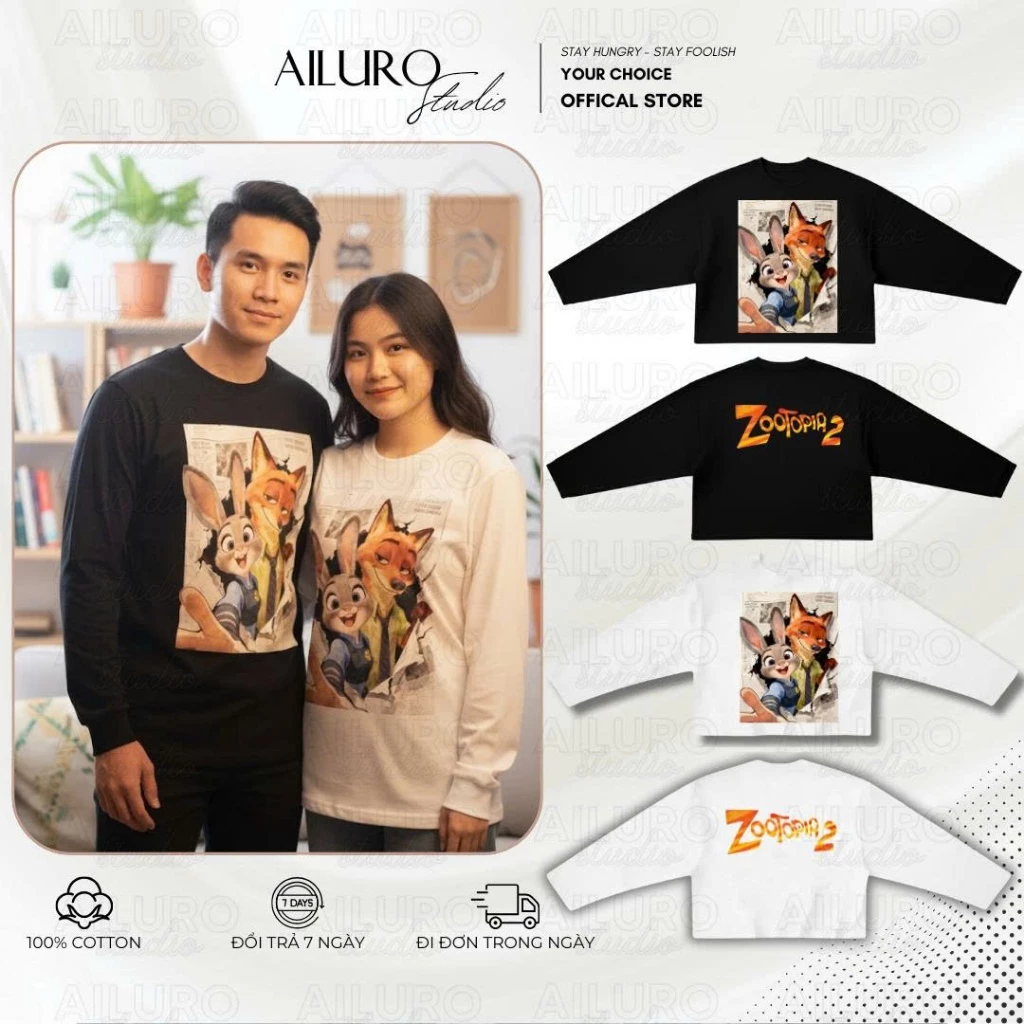 Áo Thun Tay Dài Zootopia Picture In Hình Dễ Thương Long Sleeve Form Boxy chất 100% Cotton nam nữ