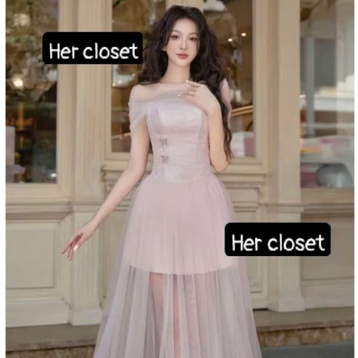[HÀNG LOẠI 1 ] Váy trễ vai đính nơ dáng dài đầm trễ vai đính nơ dáng dài đầm mixi váy mixi sang chảnh đầm đi tiêc, sẵ...
