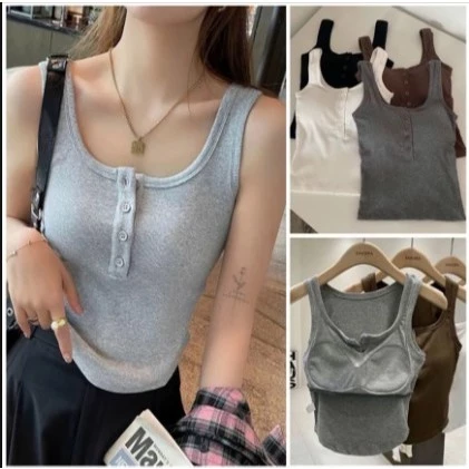 Áo TankTop Nữ Kèm Mút Ngực Phối Cúc Cổ Chất Bo Tăm Co Dãn Cao Cấp From siêu ôm Body