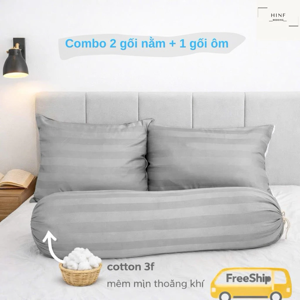 Combo 2 Gối Đầu + 1 Gối Ôm Cotton 3F Cao Cấp Chuẩn Khách Sạn Mềm Mại Thoáng Khí Ruột Bông Gòn Kháng Khuẩn
