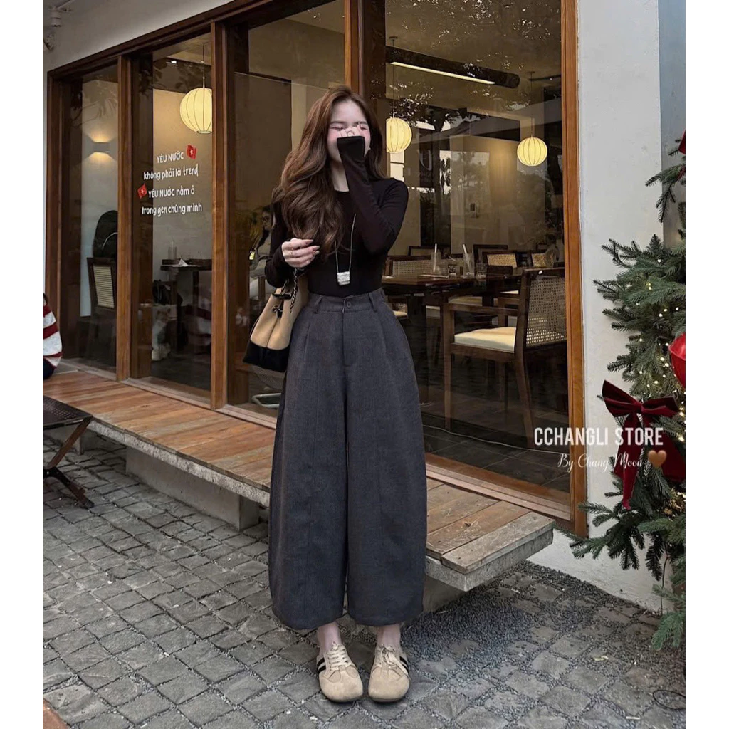Quần Dạ Ống Rộng Nữ Dáng Suông Cạp Cao, Quần Culottes Dạ Hàn Quốc Thu Đông Form Rộng Mã 91