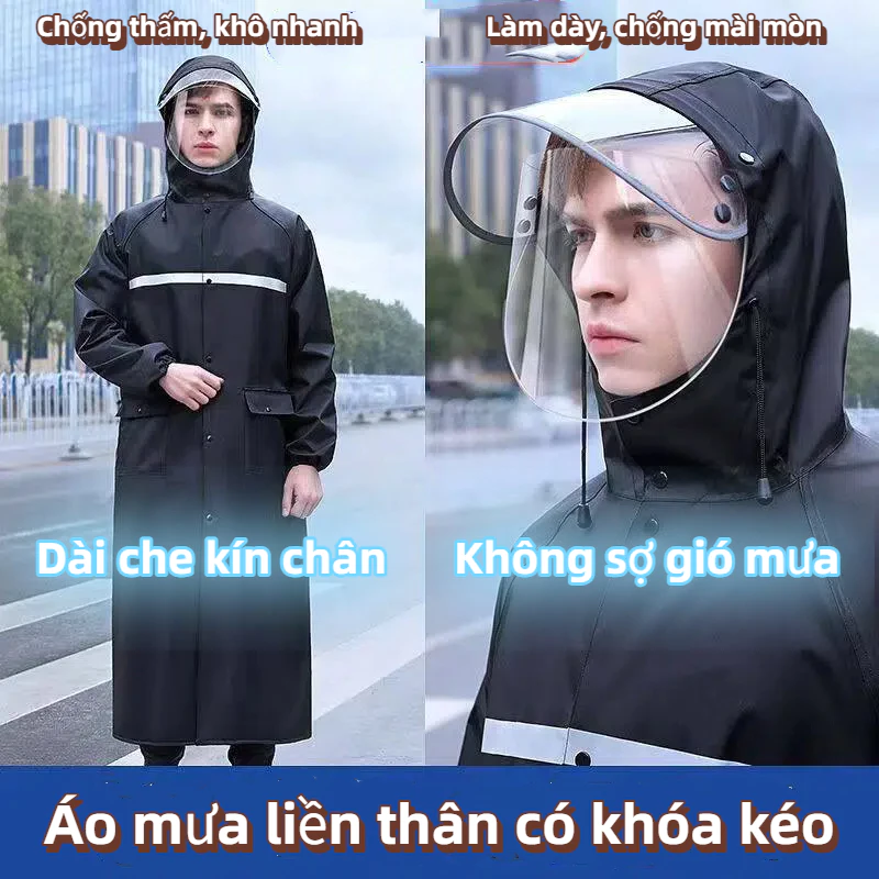 Áo mưa liền thân dày dặn, chống thấm cao cấpmũ rộng có viền phản quang, bo tay co giãn và có túi lớn