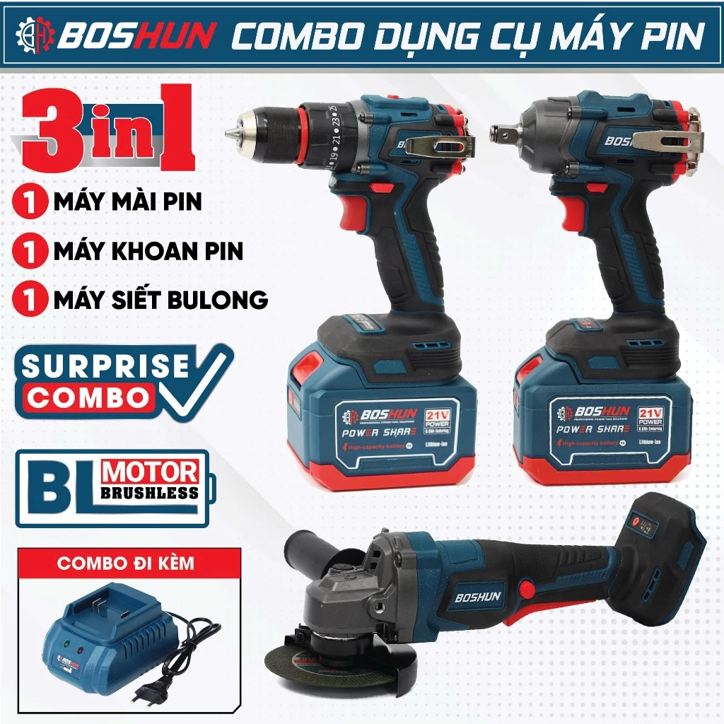 [3 IN 1] COMBO 3 MÁY BULONG + MÁY MÀI PIN + MÁY KHOAN PIN BOSHUN BS-CB3PCS Pin Phổ Thông 15CELL, Không Chổi Than