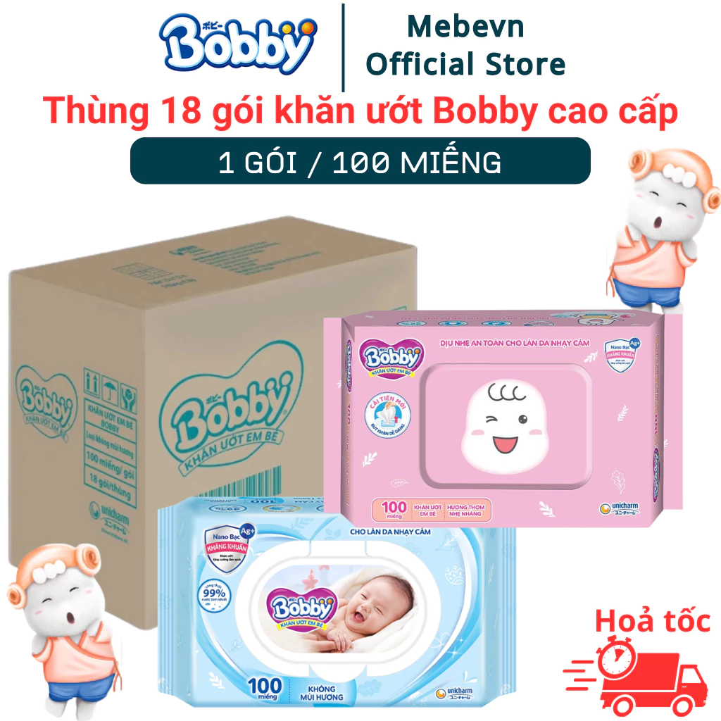Thùng 18 gói khăn ướt Bobby cao cấp, khăn ướt Bobby cho bé sơ sinh, mềm dịu không kích ứng da