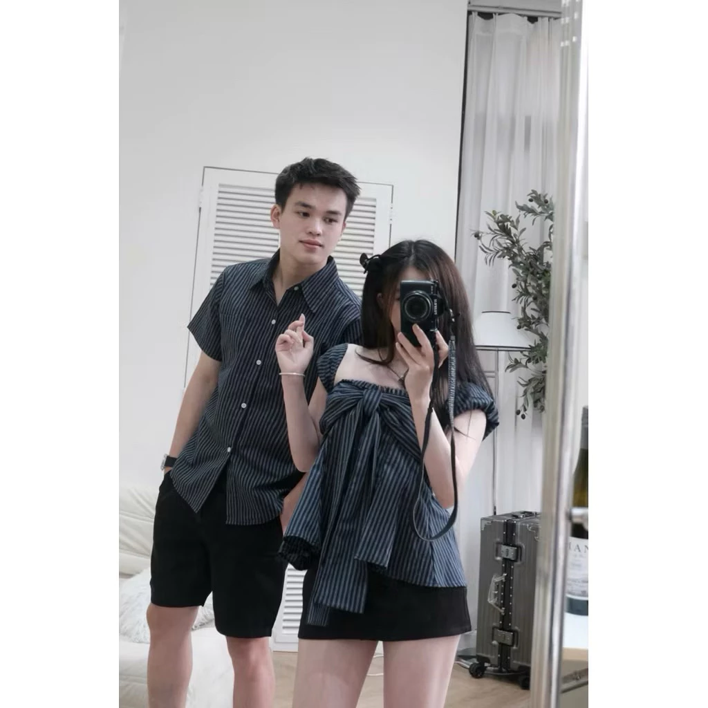 ( S - 81 ) [ GIÁ 2 Áo Nam vs nữ] Set đồ đôi nam nữ couple áo ống nữ kèm nơ và áo sơmi nam sọc tay ngắn