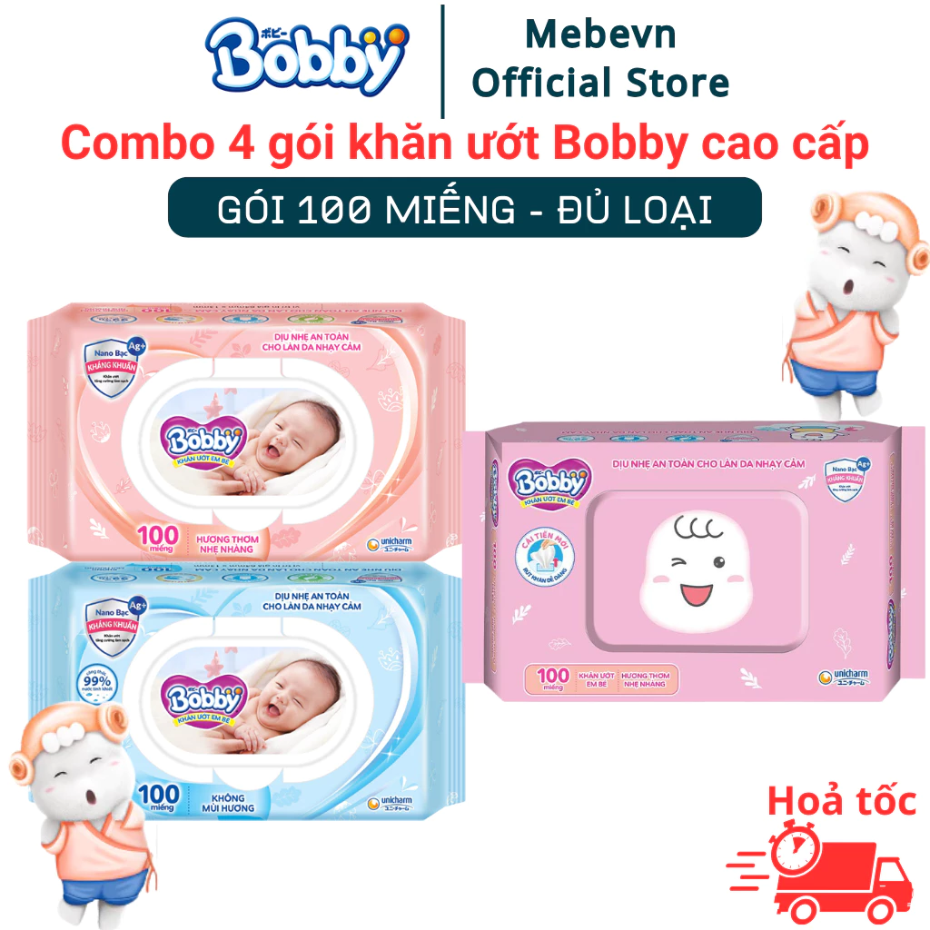 Combo 4-10 gói khăn ướt Bobby cao cấp, khăn ướt Bobby cho bé sơ sinh, mềm dịu không kích ứng da