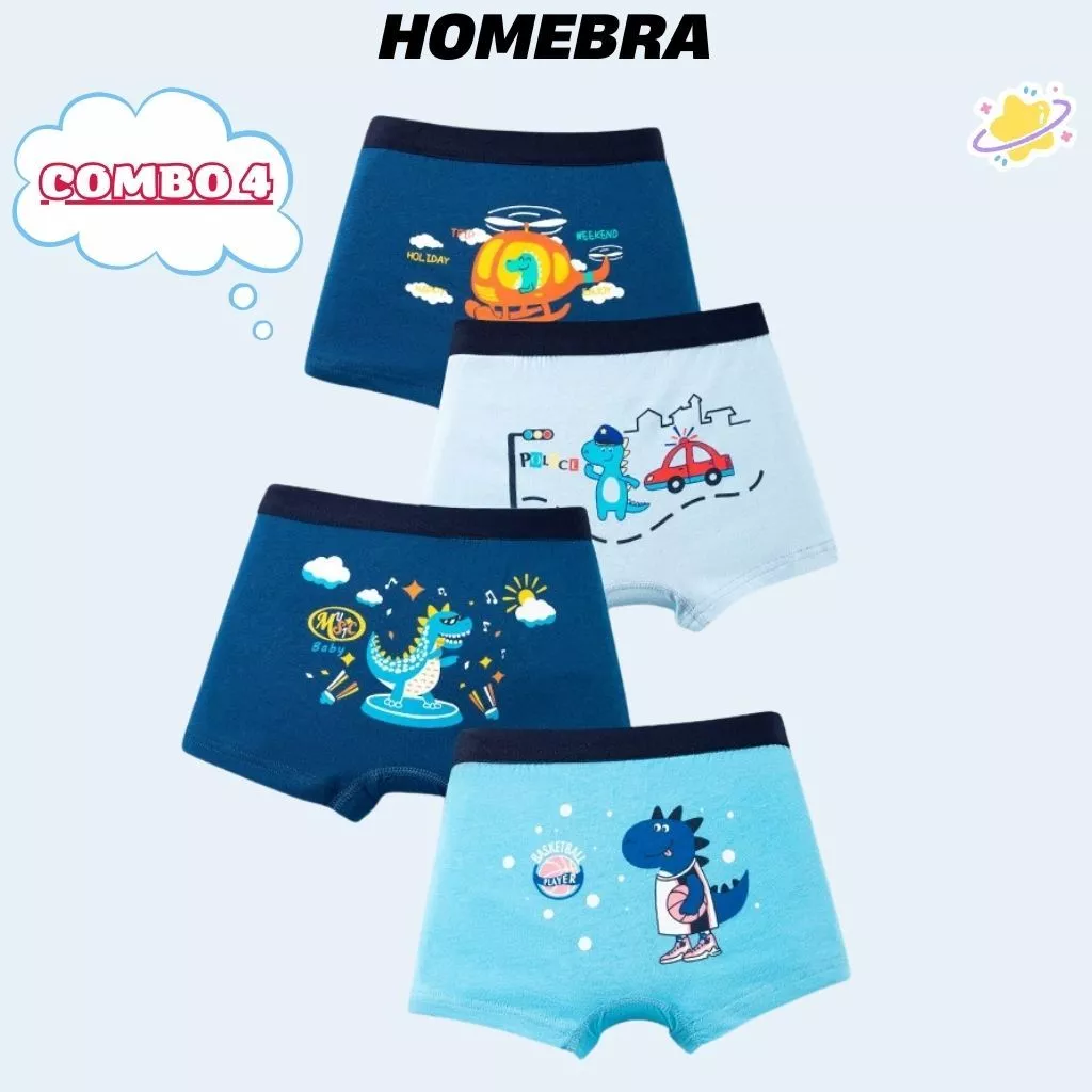 [ XẢ KHO ] Set 4 Quần lót đùi bé trai cotton cao cấp, Quần chip em bé co dãn tốt họa tiết khủng long cute L1018