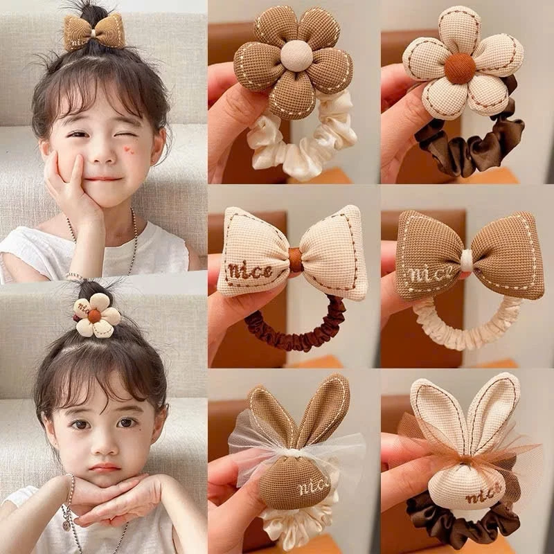 Set 3 Dây Buộc Tóc Vải Hoa Nơ Phồng Nâu-Be