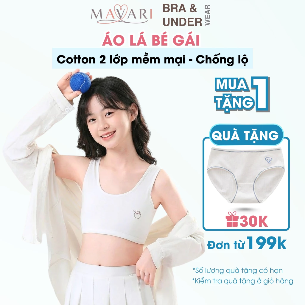 Áo lá bé gái mềm mại in hình cute - Áo lót nữ học sinh 2 lớp chất liệu cotton co giãn AMYBRA B341