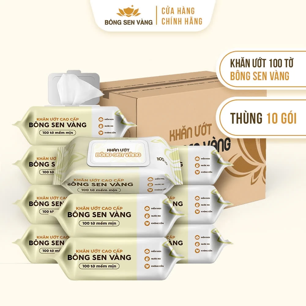 Khăn ướt 100 Tờ Bông Sen Vàng không cồn, kháng khuẩn, đa năng