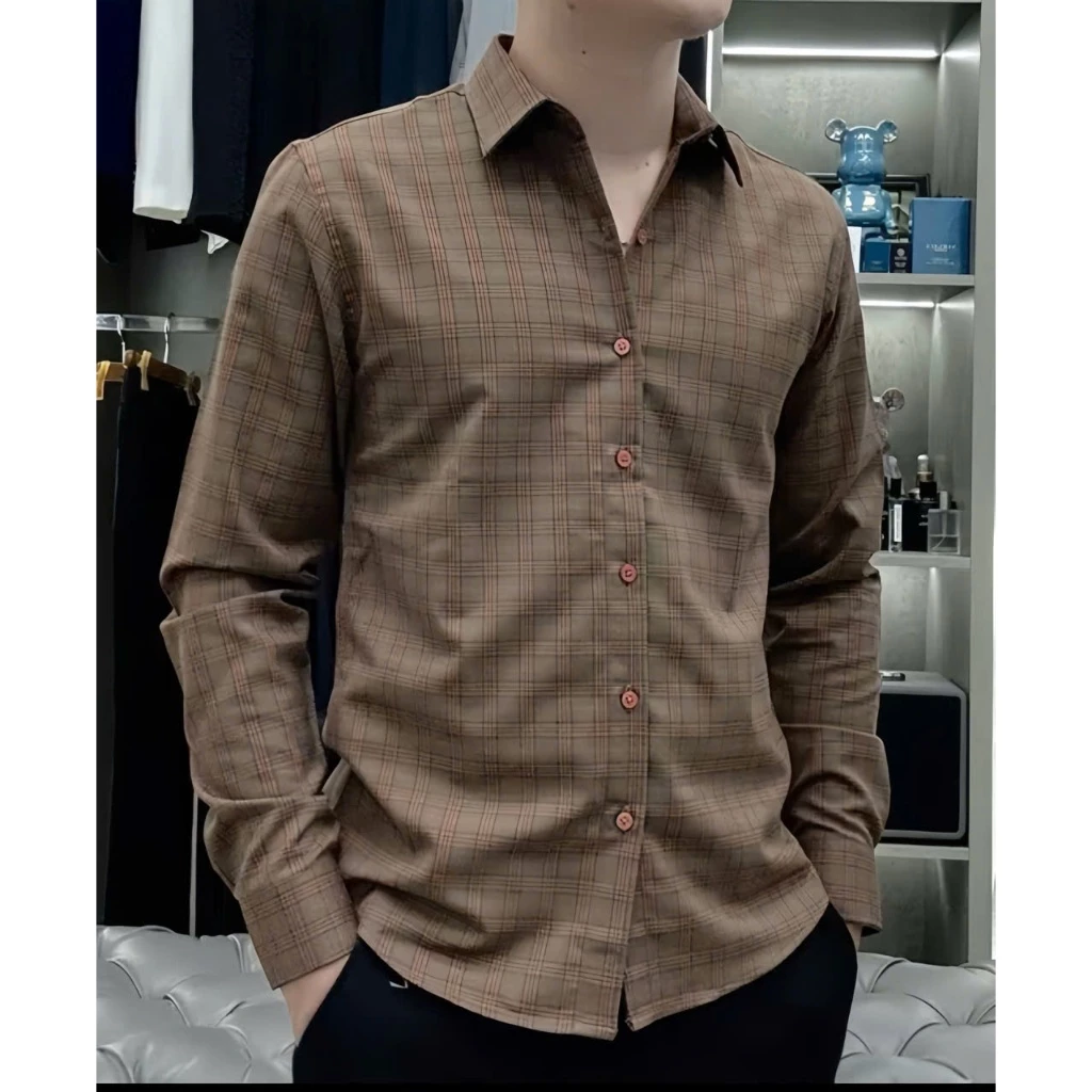 Sơ Mi Nam Caro Hàn Quốc Form Ôm – Mặc Mát, Phù Hợp Đi Làm Đi Chơi-AHFASHION