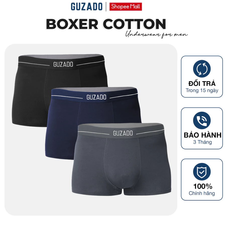 Combo 3 Quần Lót Nam Dáng Trunk GUZADO Cotton Lành Tính Kháng Khuẩn Khử Mùi Tốt CB3-GIBX25A003