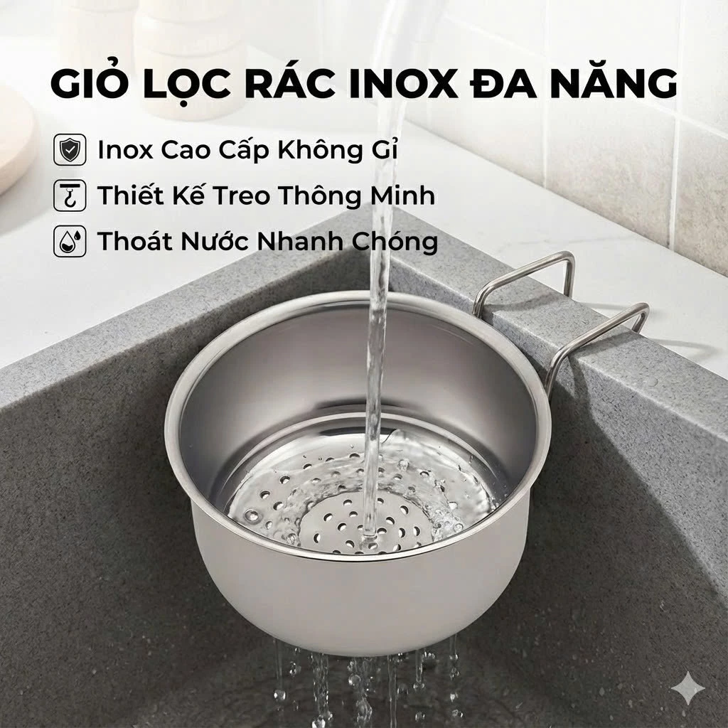 Khay Lọc Rác Gắn Bồn Rửa Bát Bằng Thép Không Gỉ, Giỏ Đựng Đồ Rửa Chén Bát Đa Năng Hình Cổ Thiên Nga Treo Bồn Rửa Chén