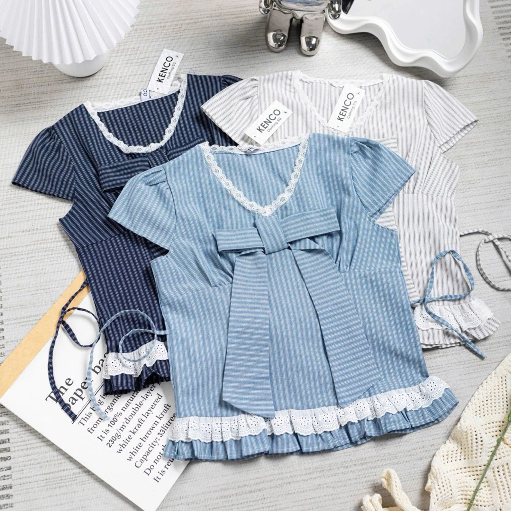 Áo sơ mi nơ kẻ sọc cổ tim phối ren kèm xinh xắn, Áo kiểu bèo gấu dễ thương thời trang - Kenco - MA9100