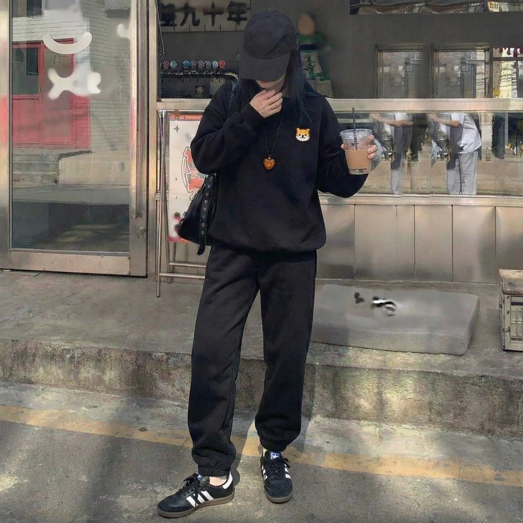 Bộ nỉ nữ thu đông thêu chó shiba cao cấp - Set quần ống bo gấu kèm áo sweater in hình đẹp phong cách đường phố ulzzang