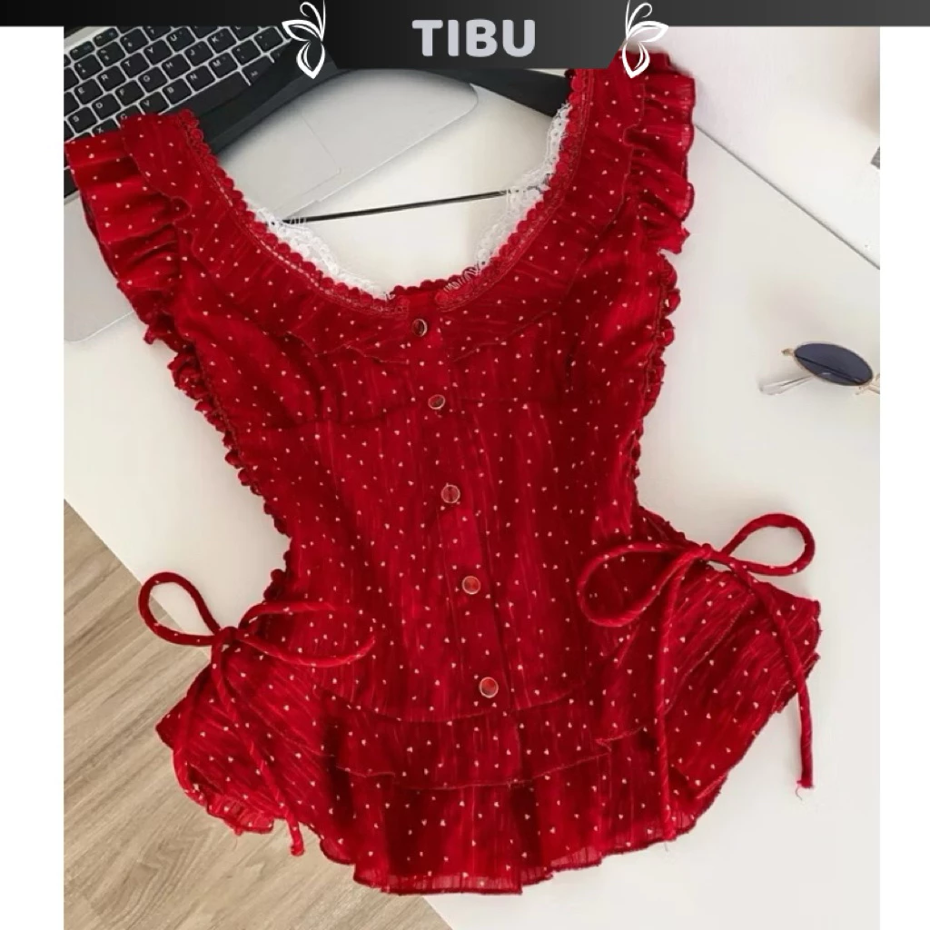 TIBU - Áo Kiểu Nữ Cổ V Viền Ren Siết Eo Tôn Dáng Màu Đỏ Đô Xinh Xắn Đáng Yêu Đi Chơi Dạo Phố A694