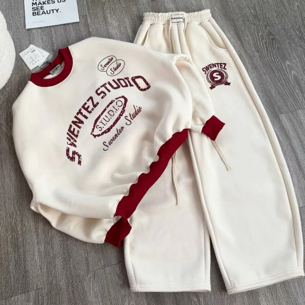 Set Bộ Nỉ Thu Đông Swentez Phối Màu Retro - Đồ Bộ Nỉ Lót Lông Dày Dặn Phong Cách Hàn Quốc Ulzzang