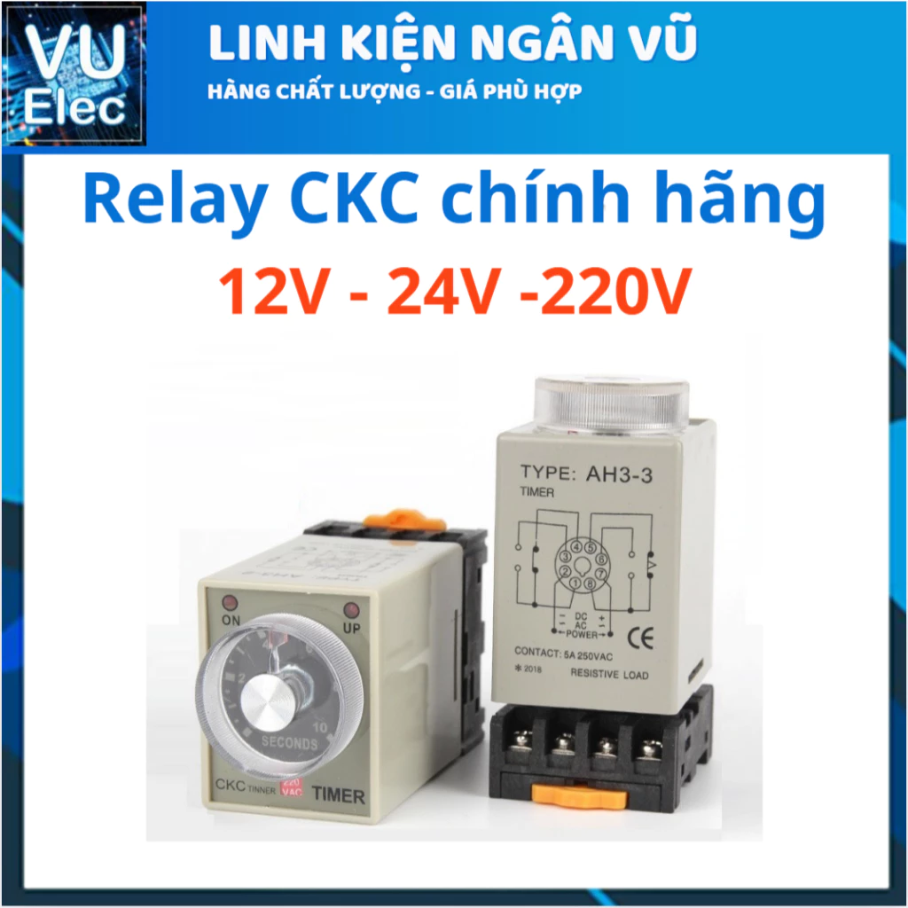 Relay thời gian CKC AH3-3 Tặng kèm đế - Điện áp 12V, 24V, 220V - Rơ le timer 1 giây đến 24 giờ, role thời gian CKC AH3