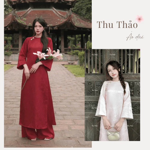 Áo Dài Châu Sa Đính Cham, Áo Dài Tết Cách Tân Vải Châu Sa Tay Lỡ Dài Cổ Tròn Chụp Tết Du Xuần