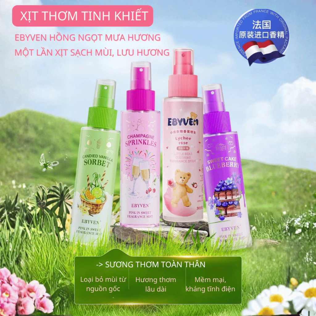 Xịt thơm quần áo khử mùi hôi, thơm mát nhẹ nhàng,  100ml lưu hương 24H hoa hồng, việt quất với 3 tầng hương nước hoa