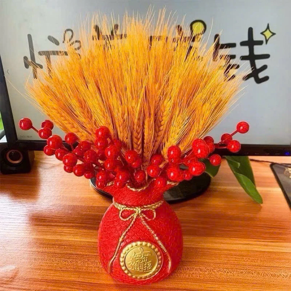 Bộ Bình Hoa Tài Lộc Bông Lúa Mạch 3 Món + 5 Nhánh Đào Đông + Bình Cắm Decor Lọ Hoa   Decor Phòng Trang Trí Nhà rất đẹp
