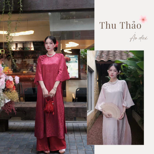 Áo Dài Tết Hồng Như ,Aos Dài Cách Tân Hoa Hồng Cổ Tròn Đính Khuy Cài Tay Lỡ Dài Mạc TẾT