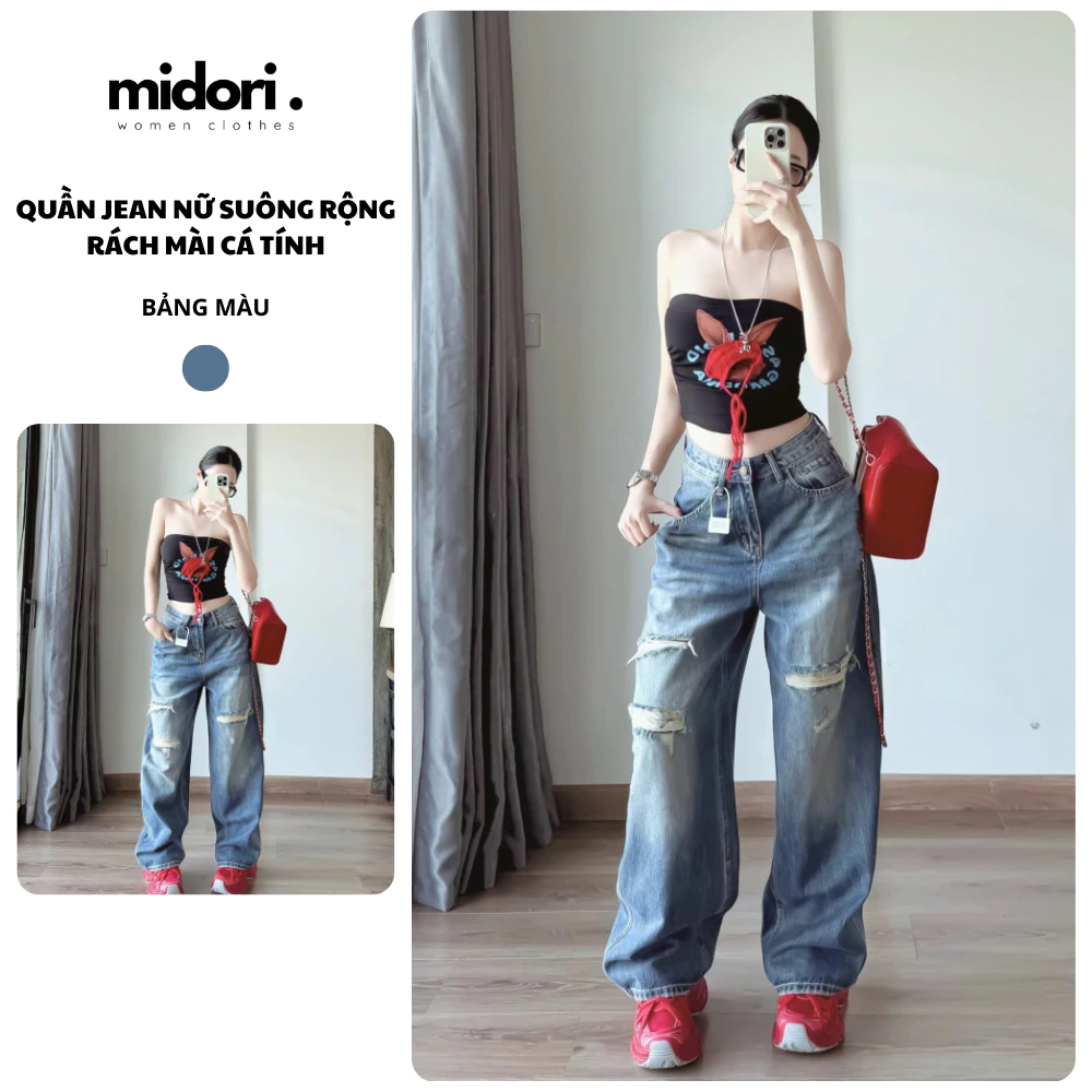 Quần jean ống rộng unisex rách gối hiphop Quần baggy jeans lưng cạp cao jean mềm Midori Shop MS388