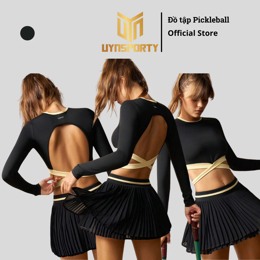 Đồ Tập Pickleball Nữ UYNSPORTY Áo Croptop Dài Tay Gấu Vạt Chéo Chân Váy Xếp Ly, Bộ Đồ Pickleball Nữ