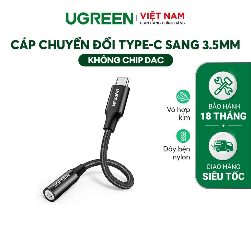 Cáp chuyển đổi Type C to 3.5mm UGREEN AV142| Không chip DAC, không tương thích iPad/Samsung | BH 18 Tháng 1 Đổi 1 30632